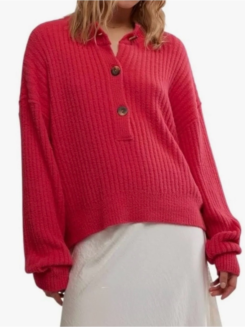 Free People Ribbed Henley Sweater In Bright Pink/Red Sz M Runs Generously